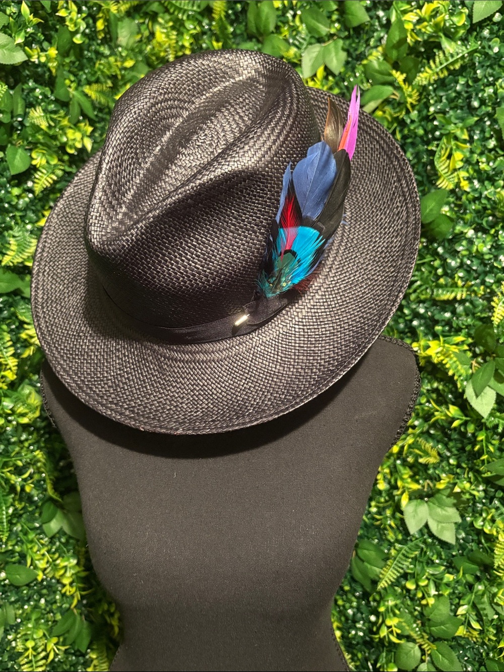 Black Fedora Hat with Decorative Multicolor Feather